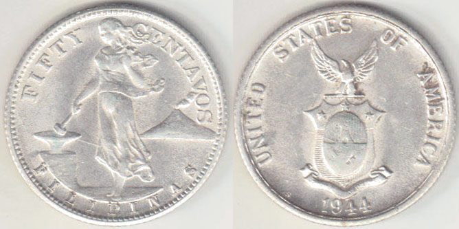 1944 S Philippines silver 50 Centavos (aUnc) A002380